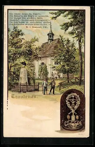 Lithographie Trautenau, Kapelle mit Denkmal, Skulptur