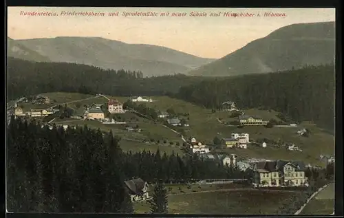 AK Spindelmühle, Ortsansicht mit neuer Schule und Heuschober