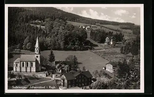 AK Johannisbad i. Rsgb. /Sudetengau, Ortspartie mit Kirche