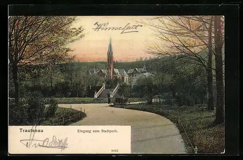 AK Trautenau, Eingang zum Stadtpark mit Kirche