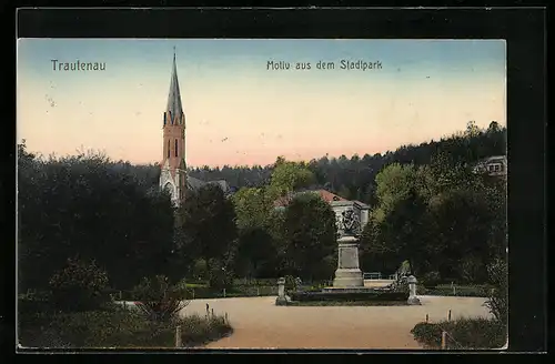 AK Trautenau, Motiv aus dem Stadtpark, Blick zur Kirche