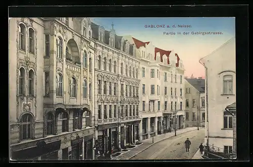 AK Gablonz a. d. Neisse, Partie in der Gebirgsstrasse