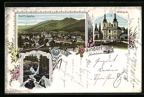 Lithographie Haindorf, Wallfahrtskirche, Schwarzbachfall, Ortsansicht