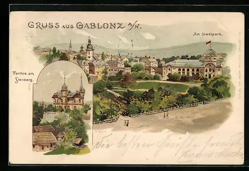 Lithographie Gablonz / Jablonec Nad Nisou, Ortsansicht mit Stadtpark, Partie am Steinberg