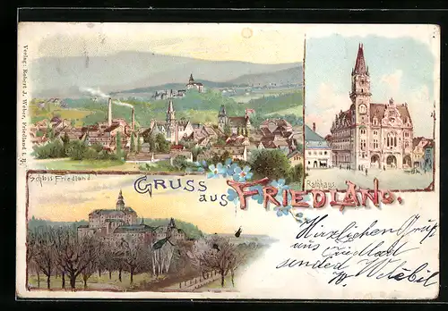 Lithographie Friedland / Frydlant, Schloss, Rathaus, Totalansicht
