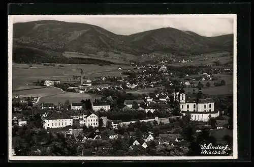 AK Haindorf / Hejnice, Ortspartie mit Kirche und Gebirge