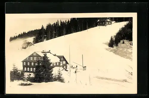 Foto-AK Harrachsdorf, Hotel Waldesfrieden im Schnee