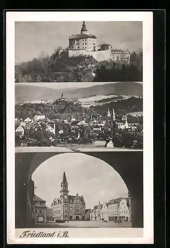 AK Friedland i. B., Schloss, Teilansicht, Ortspartie durch Tor