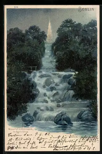 Lithographie Berlin-Kreuzberg, Wasserfall im Victoriapark mit bläulicher Beleuchtung