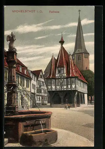 AK Michelstadt, Rathaus mit Brunnen