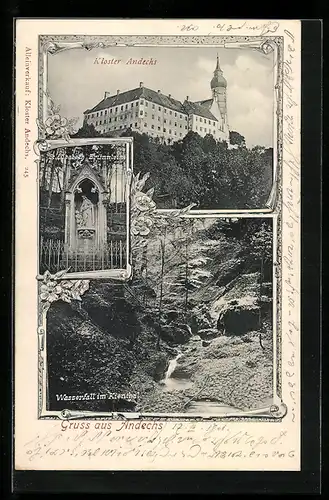 AK Andechs, Wasserfall im Kienthal, Kloster