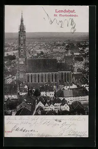 AK Landshut, Teilansicht mit St. Martinskirche aus der Vogelschau