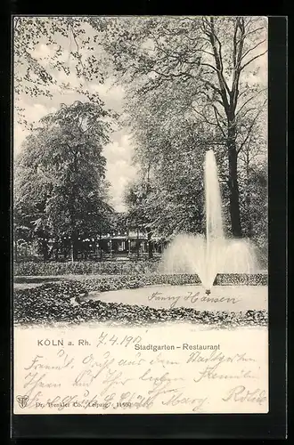 AK Köln-Neustadt, Stadtgarten-Restaurant und Springbrunnen