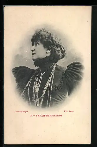 AK Sarah Bernhardt, Schauspielerin-Portrait mit Schmuck