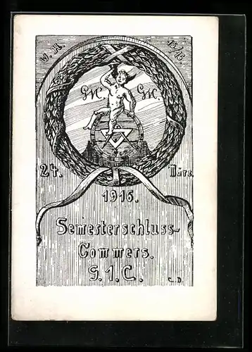 Künstler-AK Semesterschluss-Commers G. 1. C. 24.03.1916, Putto mit Füllhorn