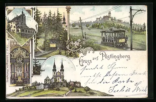 Lithographie Linz, Bergbahn zum Pöstlingberg, Kirche, Aussen- u. Innenansicht