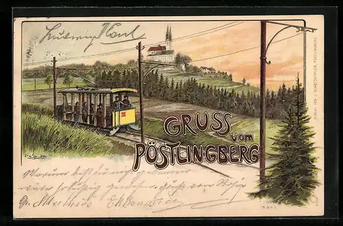 Lithographie Pöstlingberg, Bergbahn mit Blick zur Kirche