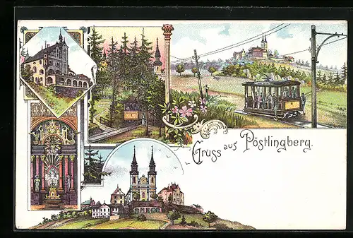 Lithographie Pöstlingberg, Bergbahn, Kirche, Gebäude