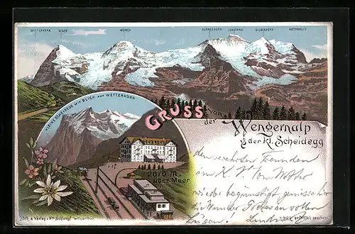 Lithographie Wengernalp & Kleine Scheidegg, Bergbahn-Station mit Blick auf Wetterhorn