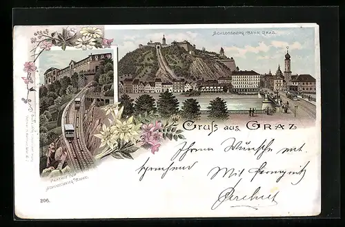 Lithographie Graz, Schlossberg-Bahn, Ortsansicht