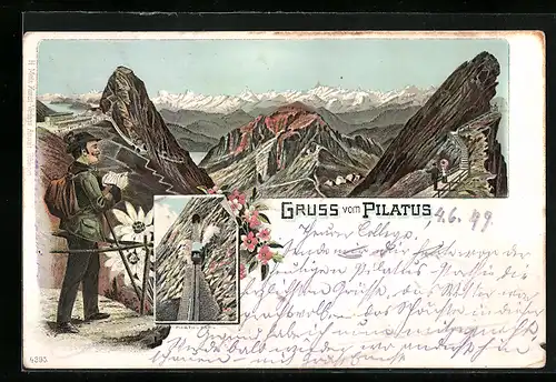 Lithographie Pilatus, Bergsteiger geniesst Panoramablick über die Alpen, Pilatus-Bahn