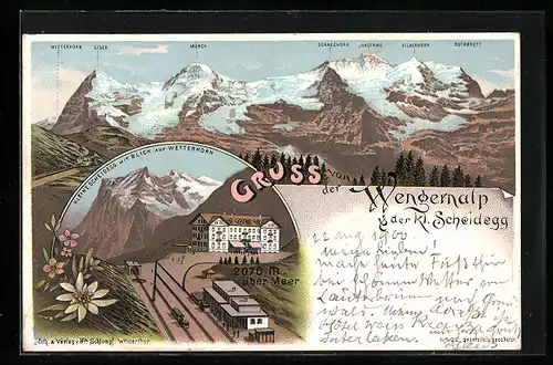 Lithographie Wengernalp & Kl. Scheidegg, Bergbahn-Station Kleine Scheidegg mit Blick auf Wetterhorn