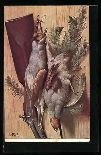 AK Jagdstillleben, erlegtes Federwild neben dem Gewehr des Jägers