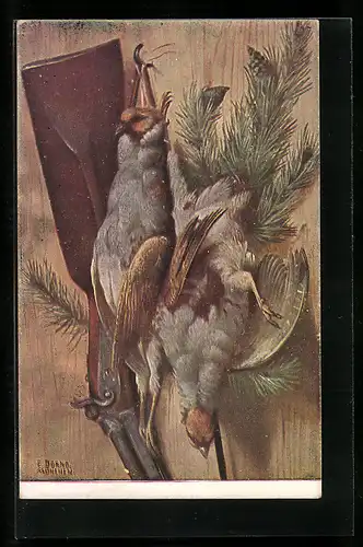 Künstler-AK Erlegte Vögel und Gewehr an einem Haken, Jagdstillleben