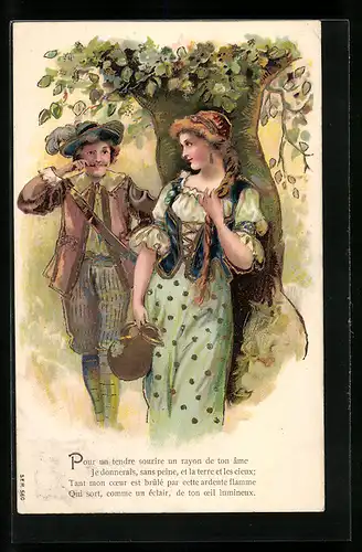 Präge-AK Mädchen mit Krug und ihr fescher Verehrer