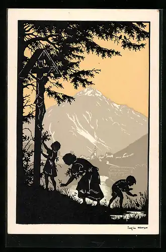 Künstler-AK Josefine Allmayer: Scherenschnitt, Landidyll mit Flurkreuz