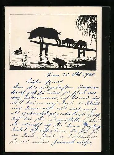 Künstler-AK Carus: Sau mit Ferkeln am Ententeich