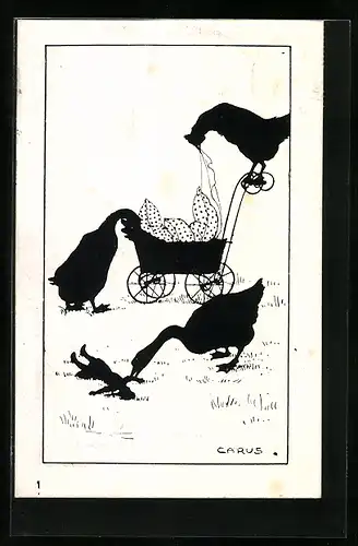 Künstler-AK Carus: Schattenbild, Gänse mit Puppe und Puppenwagen