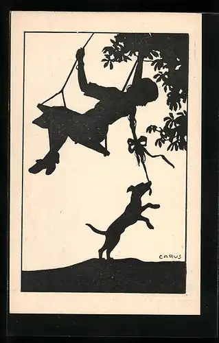 Künstler-AK Carus: Kind auf der Schaukel spielt mit Hund, Schattenbild
