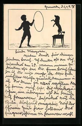 Künstler-AK Carus: Knabe dressiert seinen Pudel, Sprung durch den Reifen