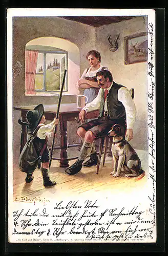 Künstler-AK E. Döcker: Knabe mit Wanderstock und Rucksack bei den Eltern in der Küche