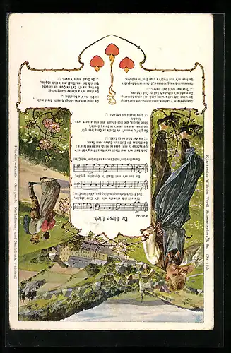 AK Erzgebirge Lied, De biese Lieb, trauriger Mann, glückliches Paar