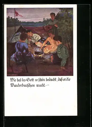 Künstler-AK Otto Amtsberg: Wanderburschen am Lagerfeuer