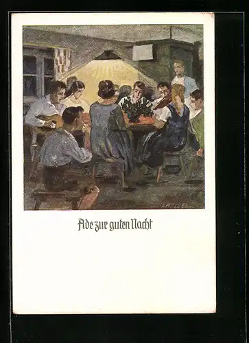 Künstler-AK Otto Amtsberg: Ade zur guten Nacht, Jugendliche mit Gitarre