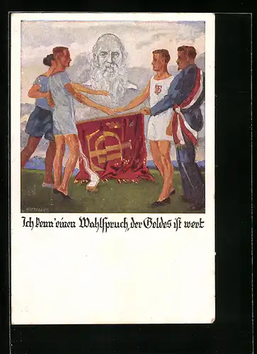 Künstler-AK Otto Amtsberg: Ich kenn einen Wahlspruch, der Goldes ist wert!, Turner mit Turnvater Jahn