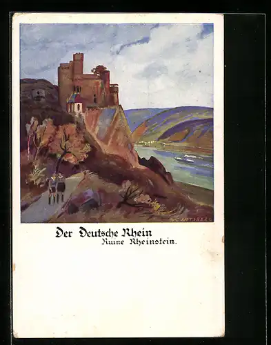 Künstler-AK Otto Amtsberg: Ruine Rheinstein am Rhein