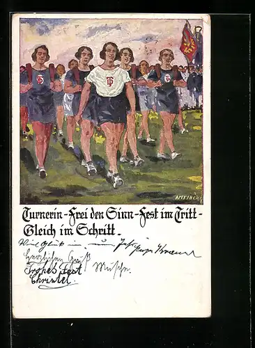 Künstler-AK Otto Amtsberg: Turnerin - frei den Sinn - Fest im Tritt - Gleich im Schritt