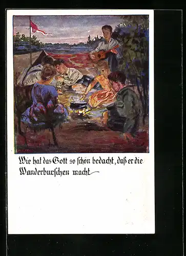 Künstler-AK Otto Amtsberg: Wanderburschen und Mädchen an der Kochstelle