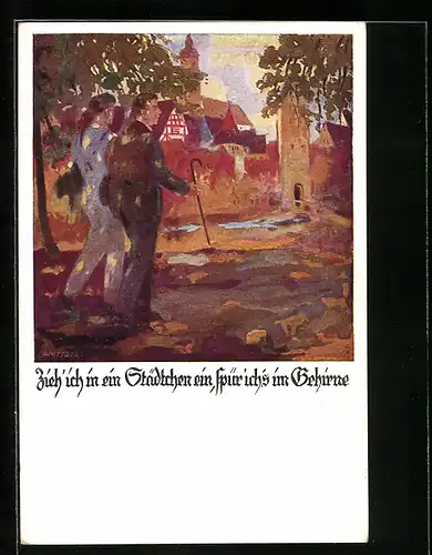 Künstler-AK Otto Amtsberg: Zieh ich ein Städtchen ein, spür ich`s im Gehirne, Männer auf Wanderschaft