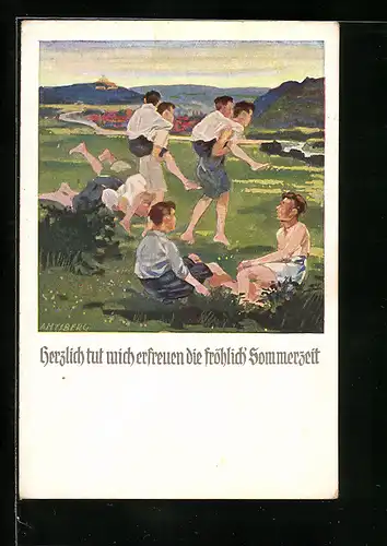 Künstler-AK Otto Amtsberg: Herzlich tut mich erfreuen..., Junge Männer auf einer Wiese im Sommer
