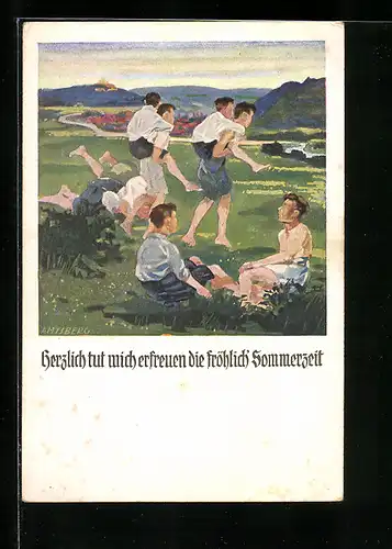 Künstler-AK Otto Amtsberg: Herzlich tut mich erfreuen..., Junge Männer auf einer Wiese im Sommer