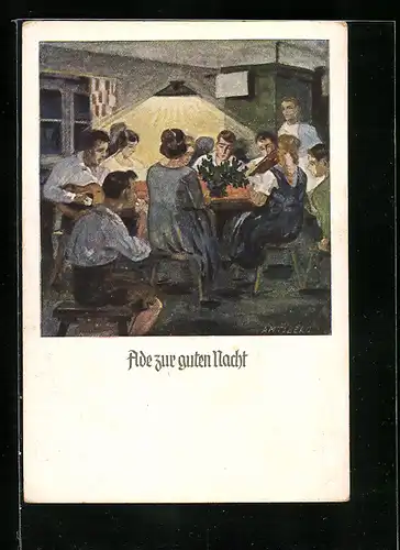 Künstler-AK Otto Amtsberg: Ade zur guten Nacht, Jugendliche mit Gitarre