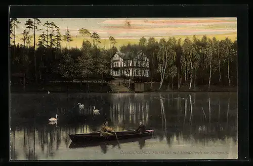 AK Crimmitschau, Forsthaus mit Gondelteich im Sahnpark