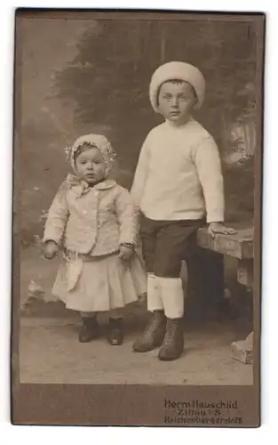 Fotografie Herm. Hauschild, Zittau i. S., niedliche Kinder in Winterkleidung mit Kleid und Wintermütze