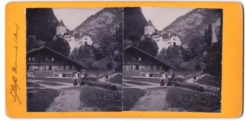 Stereo-Fotografie unbekannter Fotograf, Ansicht Wimmis, Blick vom Ort nach dem Schloss Wimmis