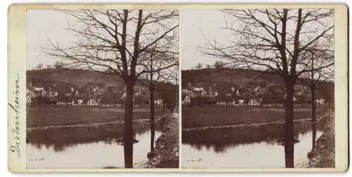 Stereo-Fotografie unbekannter Fotograf, Ansicht Didenheim / Elsass, Blick über den Fluss nach dem Ort